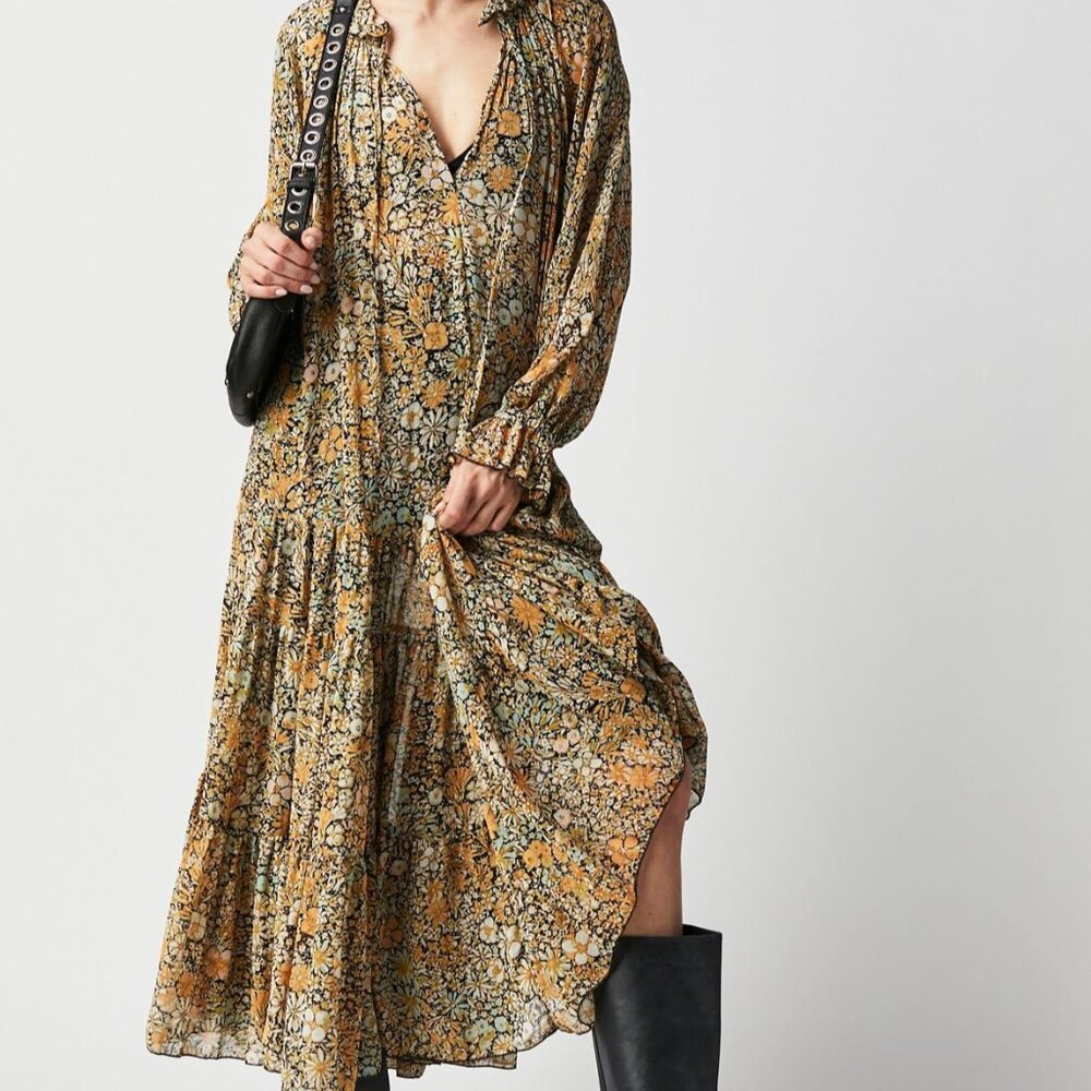 Free People Feeling Groovy Maxi Dress Black Combo, Women's large, floral boho